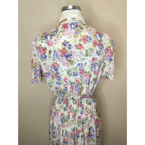 Vintage Karin Stevens Floral Button Up Midi Dress Lace Collar - Picture 14 of 15